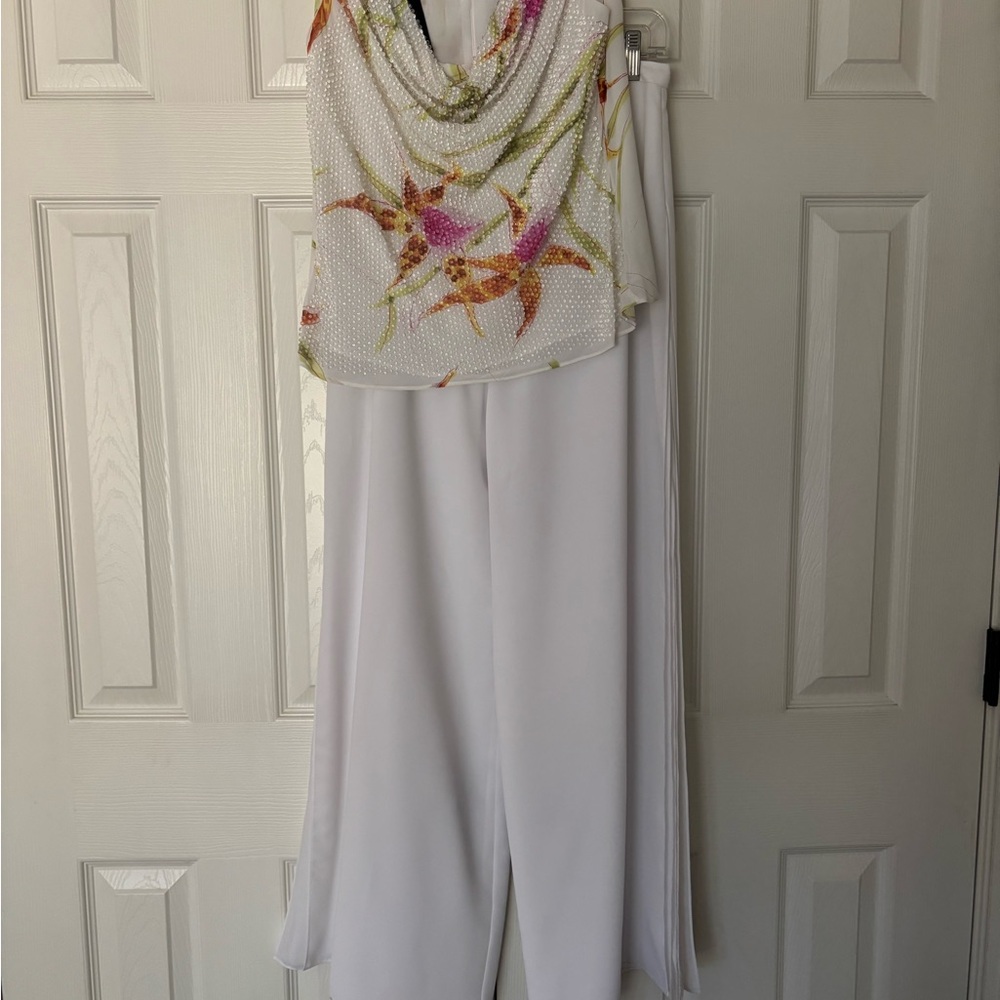 Elegant White Wide Leg Chiffon Pants with Floral Drape Neck Top